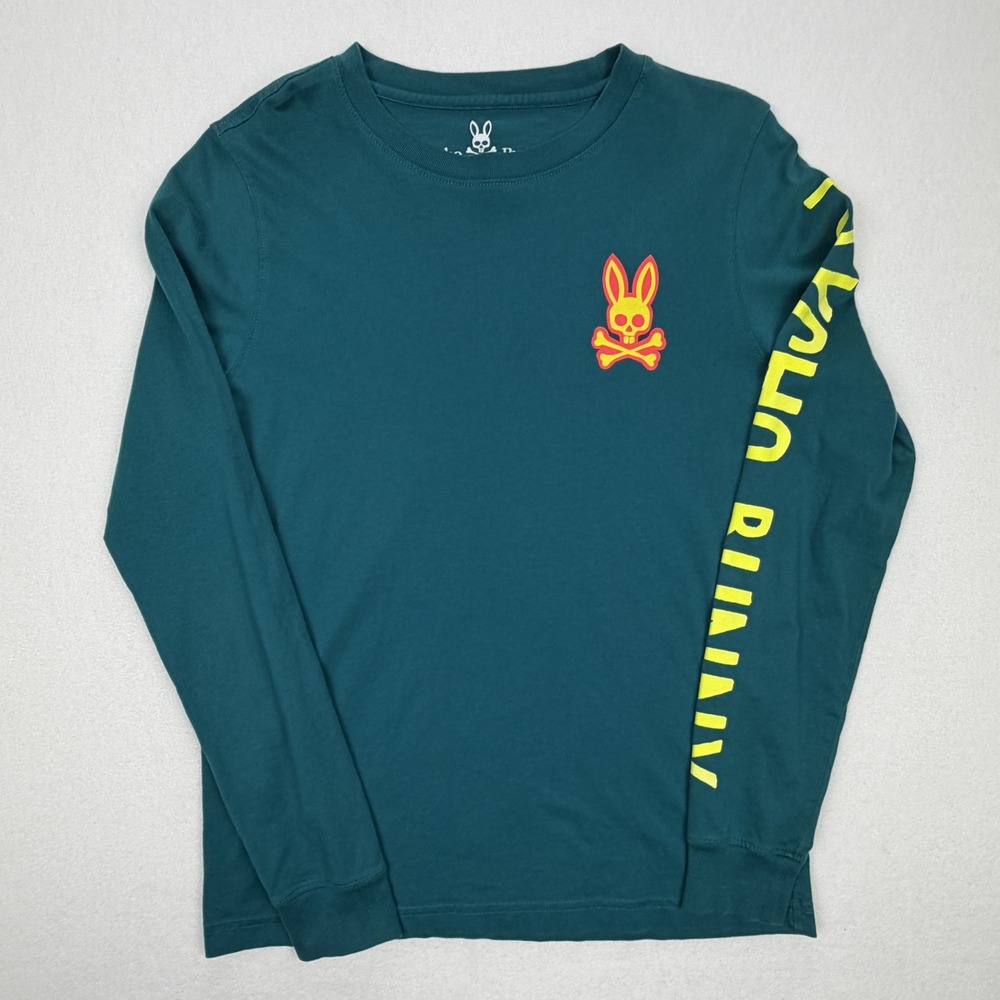 Psycho Bunny Mens Teal Pima Cotton Graphic Long Sleeve T-Shirt Size 2 Small